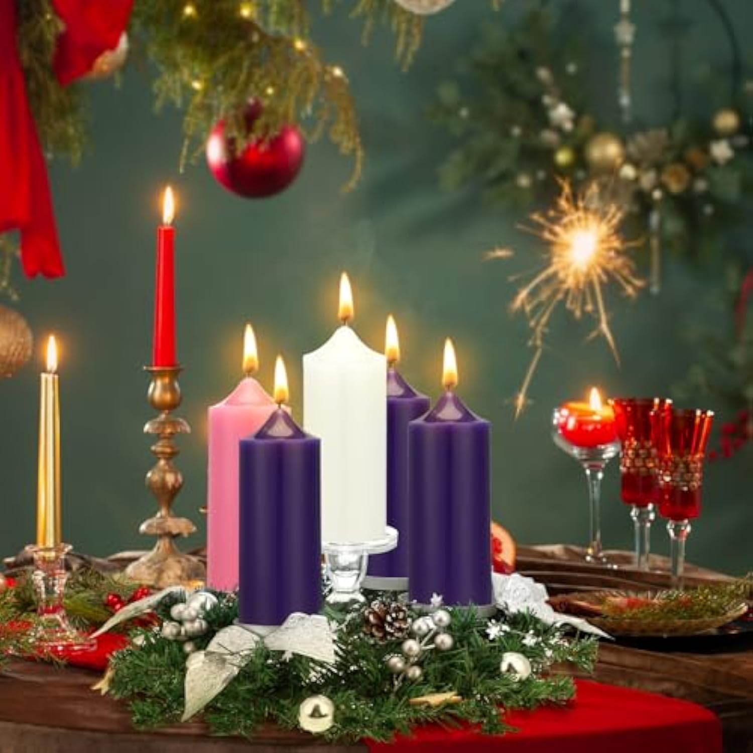 Christmas Advent Wreath Candle Holder Pillar Wreaths Centerpiece Decor Advent Calendar Ring Candleholder Decoration Stand Gifts Church(Silver)