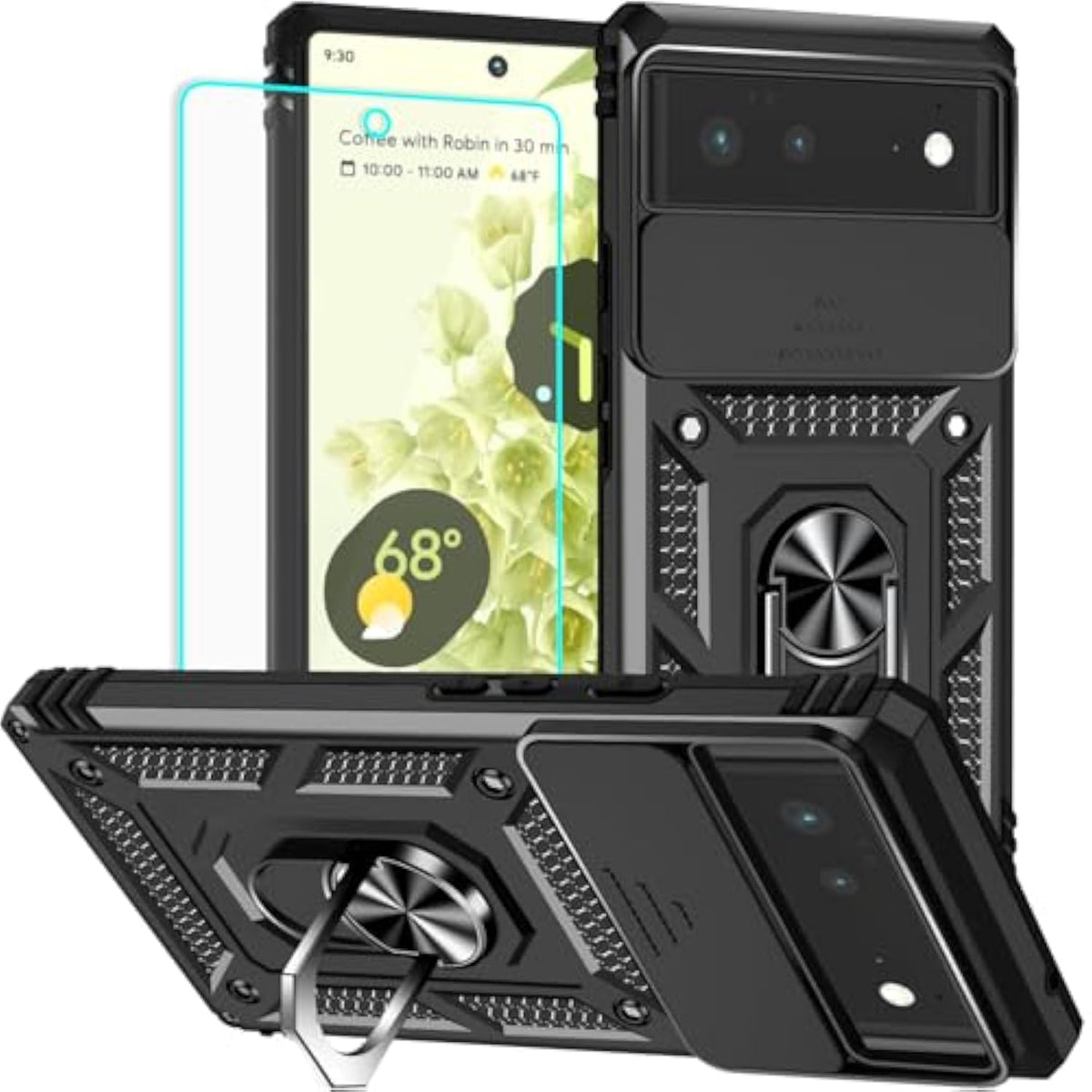 For Pixel 6 Case With Screen Protector: [Military Grade 20Ft. Drop Tested] Ring Shockproof Protective Phone Case For - Google Pixel 6 (Black)