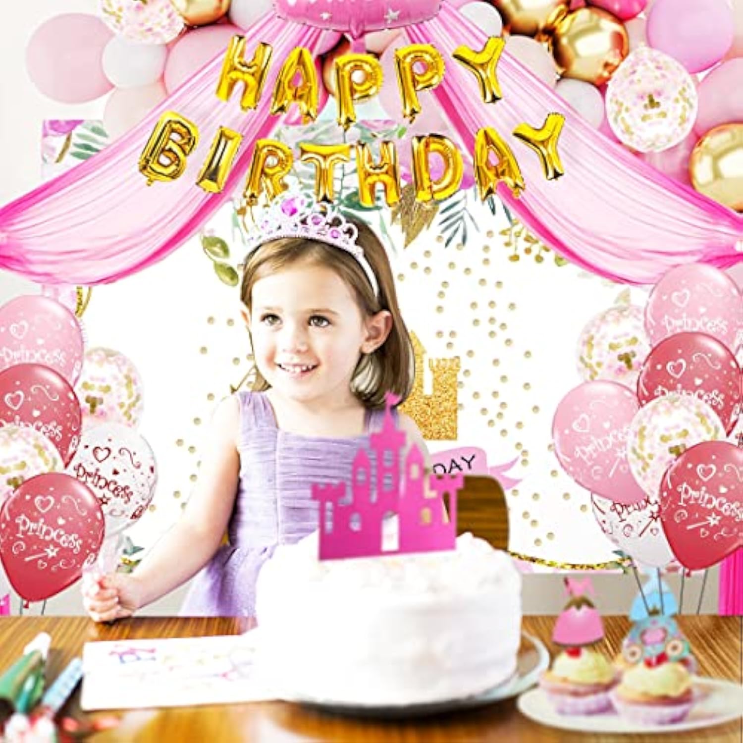 Princess Party Decorations - Princess Birthday Decorations Include Balloon Arch, Banner, Backdrop, Tablecloth, Tulle, Crown, Wand, Sash, Cake Topper, Girls Princess Birthday Party Supplies