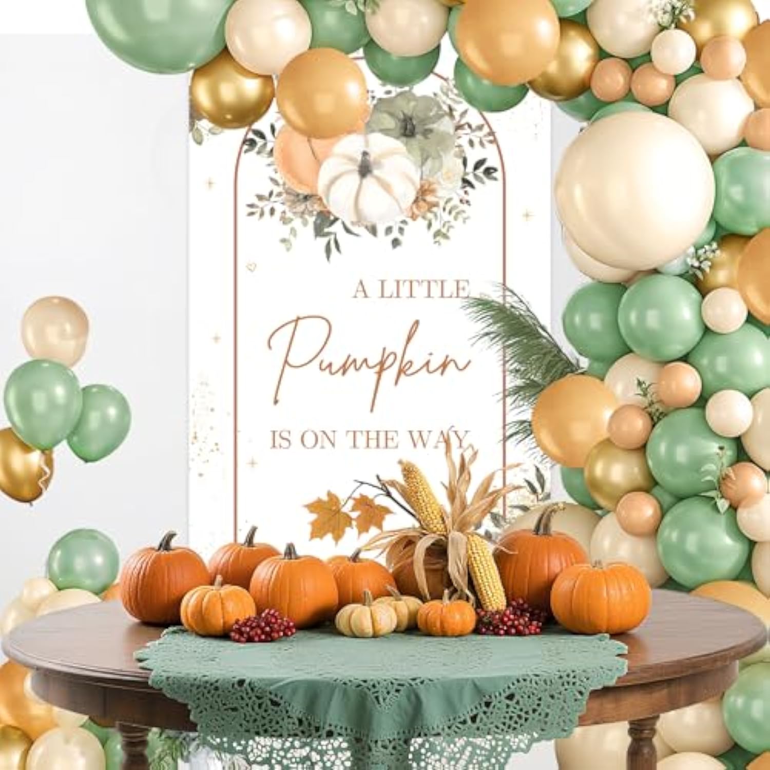 Pumpkin Baby Shower Balloon Arch Kit with Backdrop Orange Green Gold White Balloons Decor