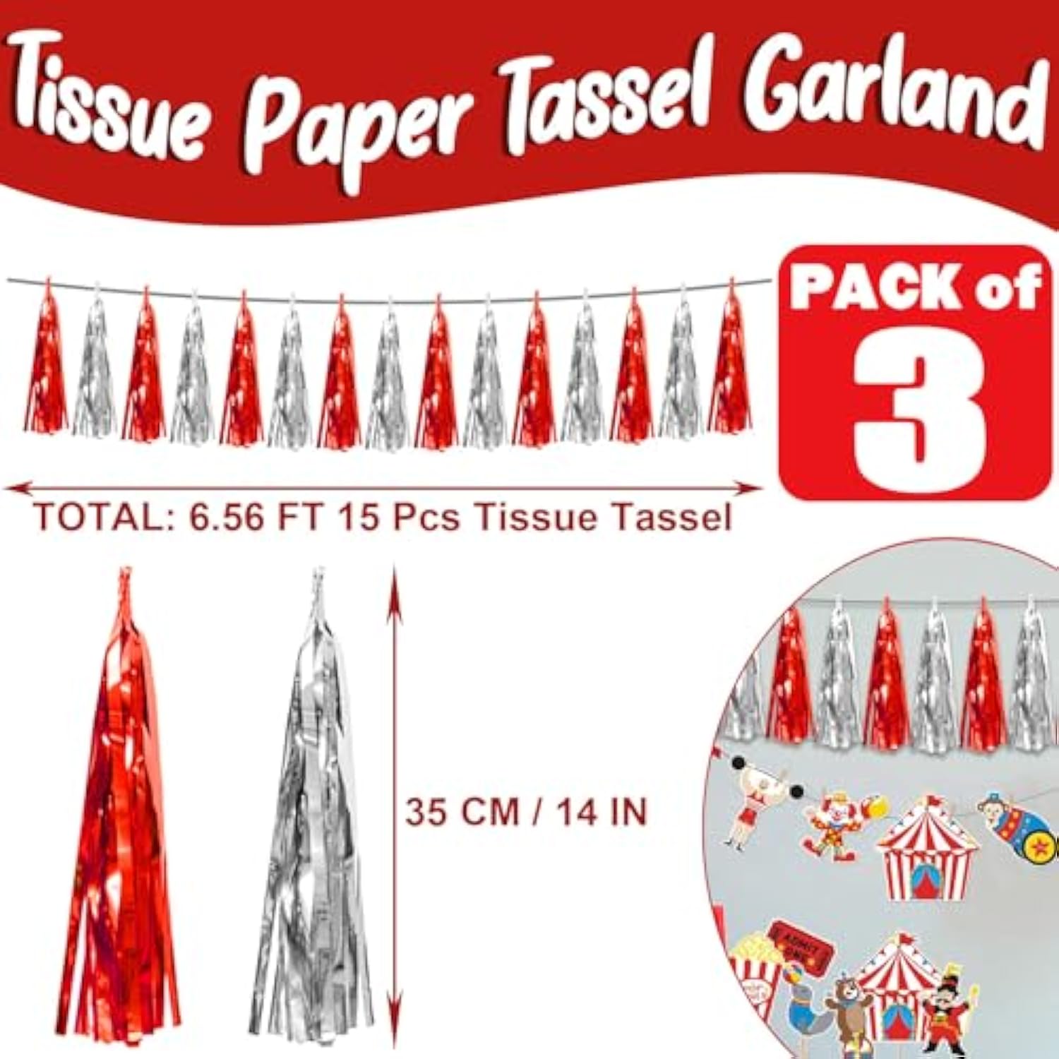 3P Red Silver Foil Fringe Metallic Tassel Streamers Banner Tassel Garland For Parade Floats, Bachelorette, Wedding, Birthday, Halloween, Christmas, Bridal/Baby Shower Party Decorations