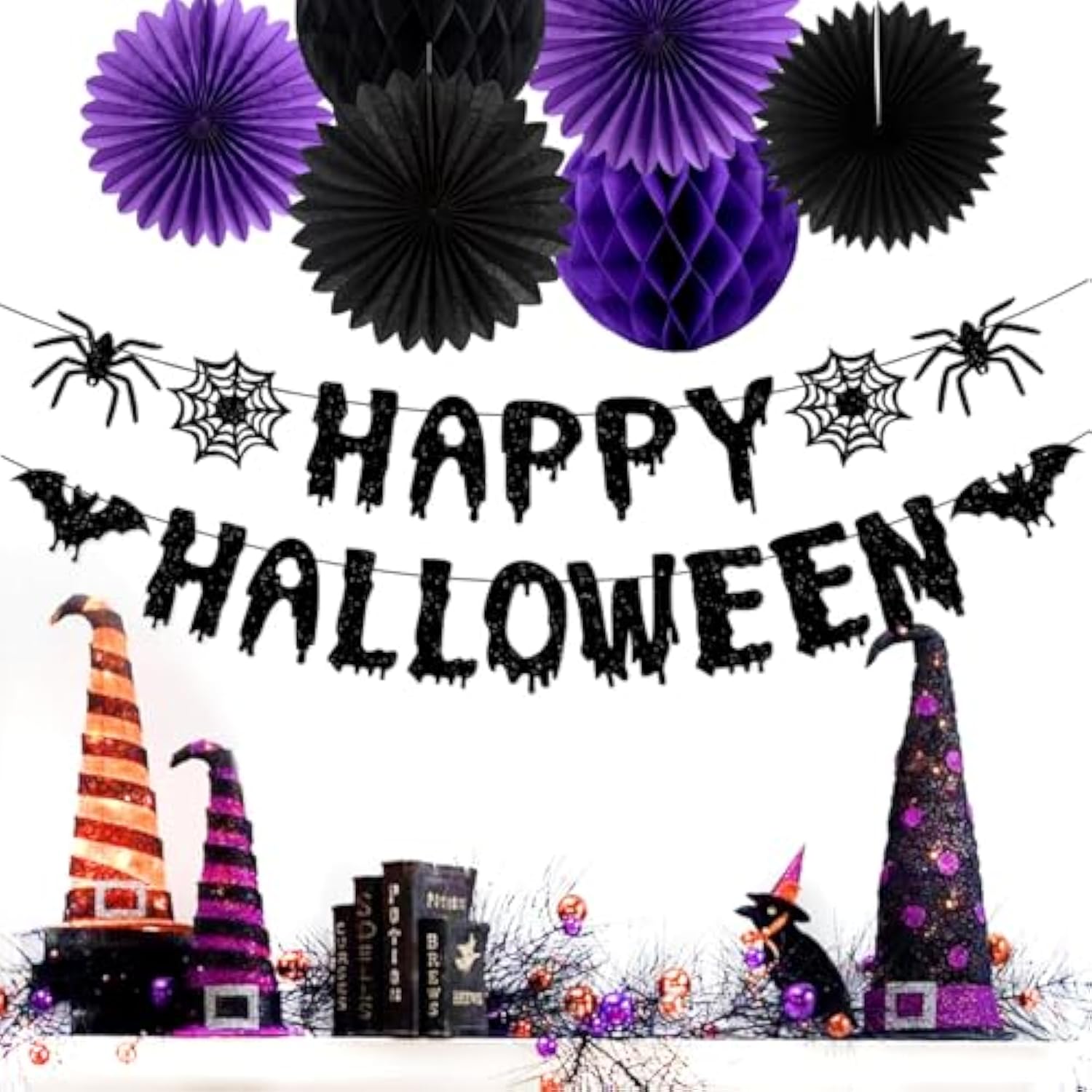 Purple & Black Halloween Party Decorations, 13PCS Spider Web Bats Streamers Banner