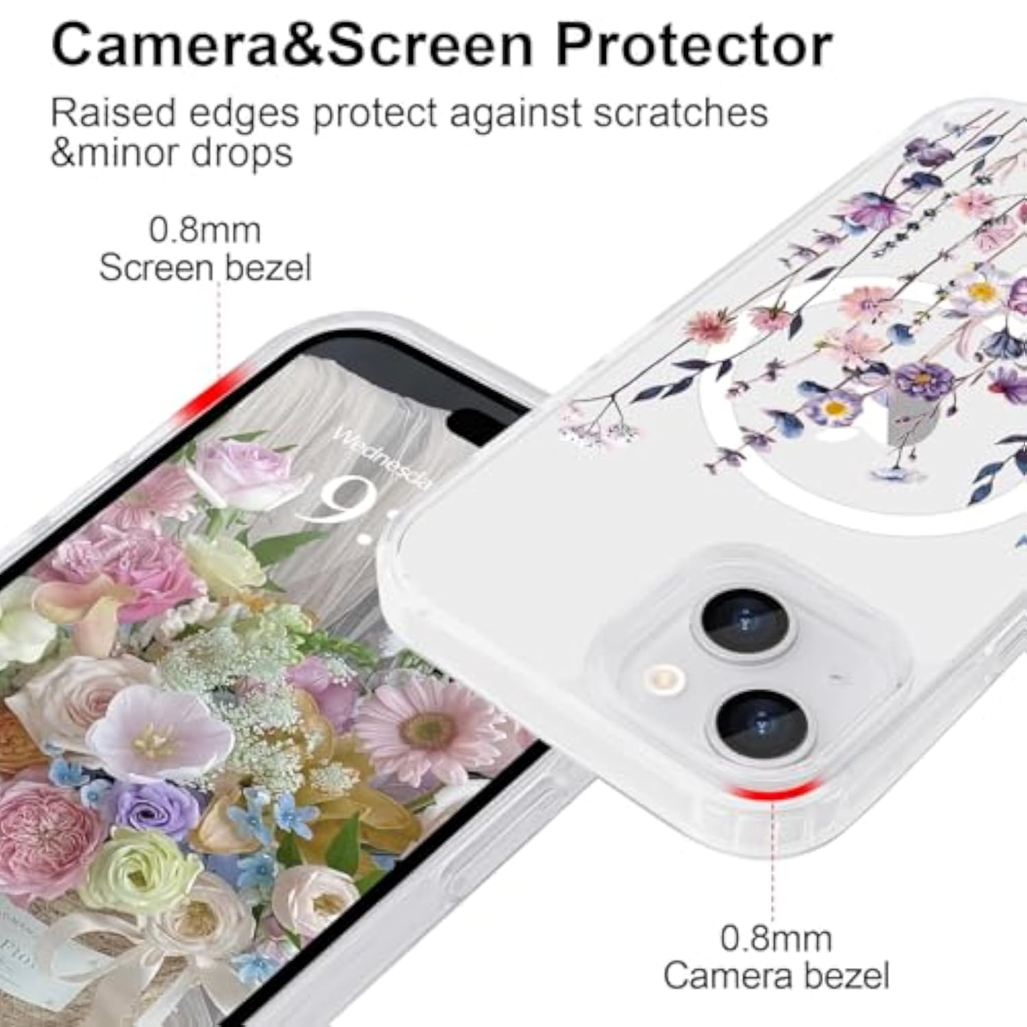Clear Magnetic Floral iPhone 15 Case, Multi-Color, Protective and Stylish