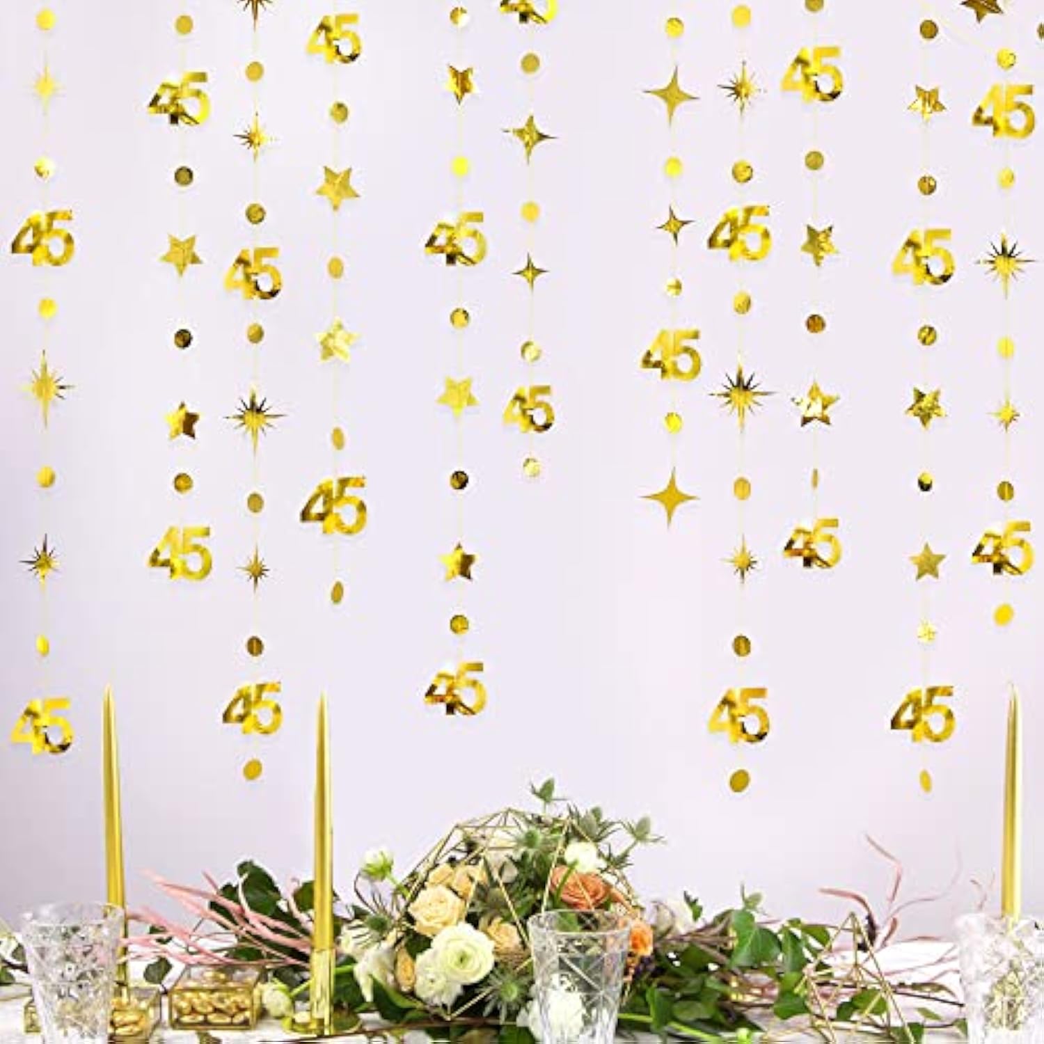 Gold 45Th Birthday Decorations Number 45 Circle Dot Twinkle Star Garland Metallic Hanging Streamer Bunting Banner Backdrop For Women Mens 45 Year Old Birthday Forty Five Anniversary Party Supplies