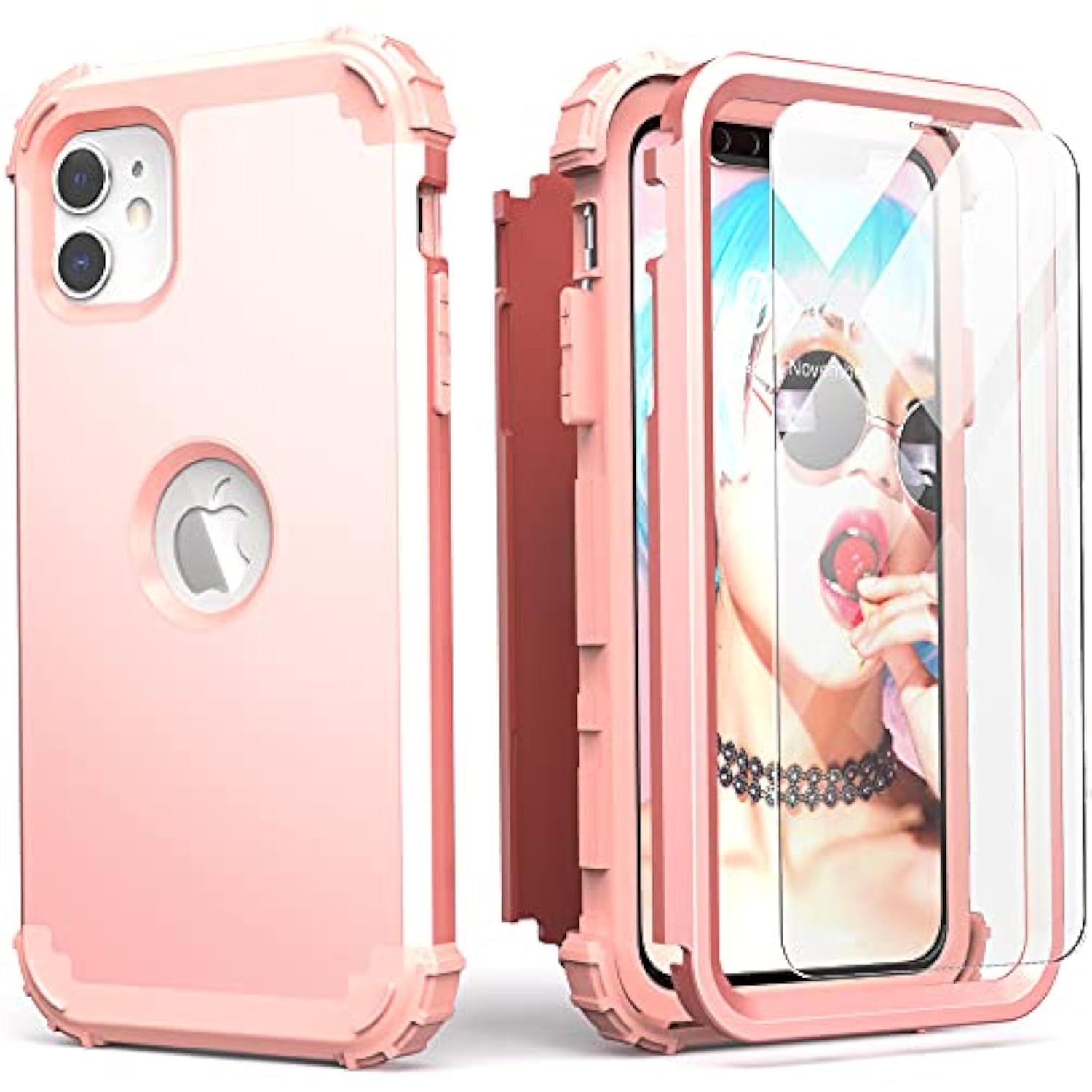 For Iphone 11 Case With Screen Protector(Tempered Glass), Hybrid 3 In 1 Shockproof Slim Fit Heavy Duty Protection Hard Pc Cover Soft Silicone Bumper Full Body Case,Rose Gold