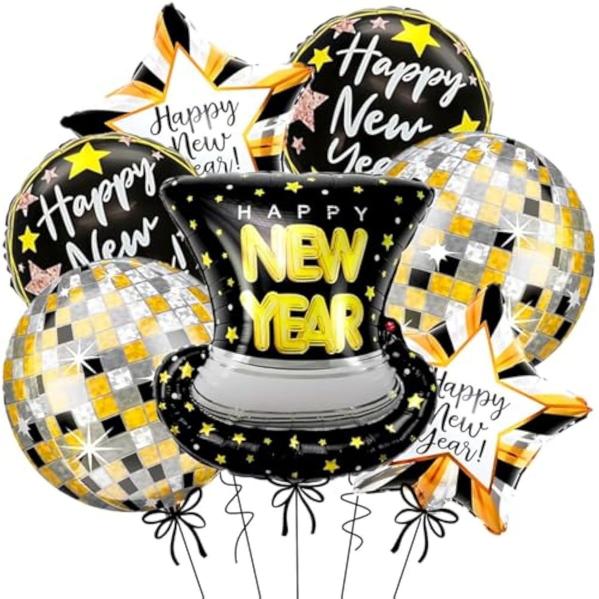 7 Pcs Black Gold 22 Inch Disco Ball Happy New Year 2026 Balloons