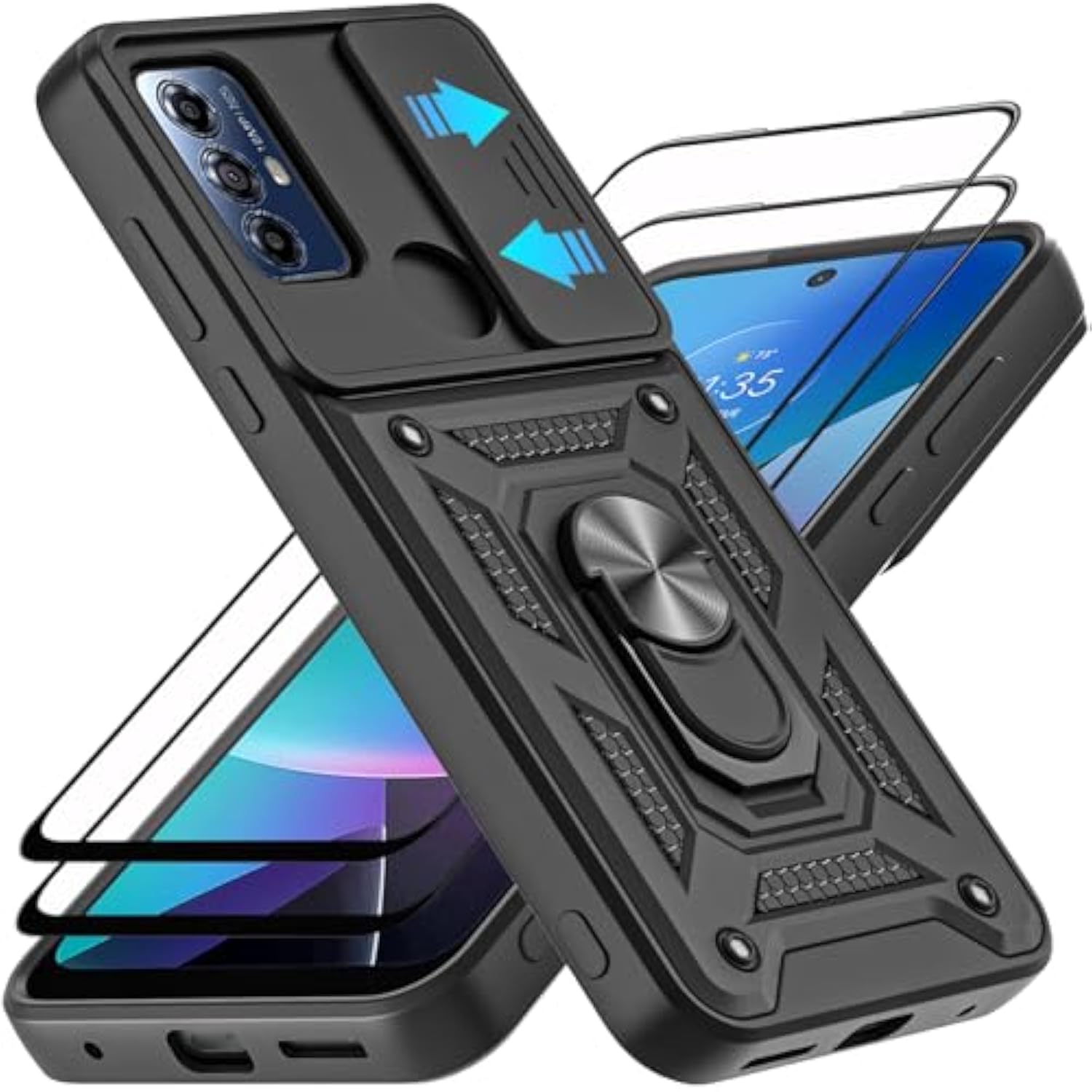 For Moto G Play 2023 Case, With Tempered Glass Screen Protector [2 Pcs] & Slide Camera Cover, 360°Rotation Ring Kickstand [Military Grade] Case. (Black)