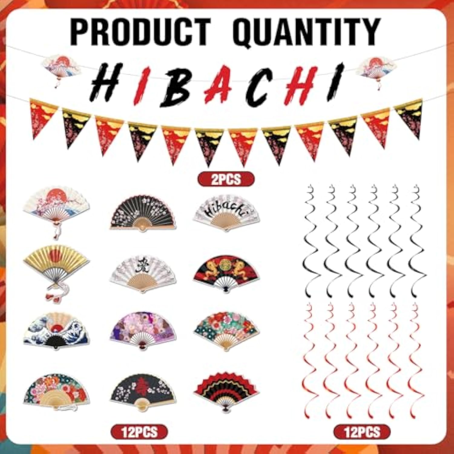 Hibachi Birthday Party Decorations - 14 Pcs Red Banner Pennant Garland Folding Fans Hanging Swirls Set Cherry Blossom Plum Dragon Asian Japanese Theme Supplies Favors Wall Ceiling Decor