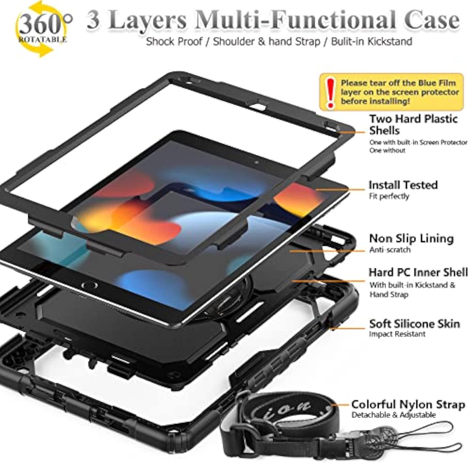 Case For 9Th/ 8Th/ 7Th Generation 10.2'', Shockproof With Screen Protector, Pencil Holder [360° Rotating Hand Strap] & Stand, For 10.2 Inch 2021-2019 (Black)