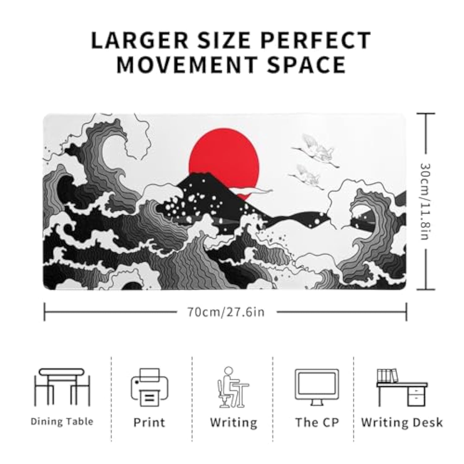 Japanese Red And Black Wave Gaming Mouse Pad Extended Large Mouse Mat Desk Pad Sea Texture Non-Slip Rubber Base Wave Mousepad Stitched Edges Keyboard Desk Pad For Office Home Game 27.6X11.8 Inch