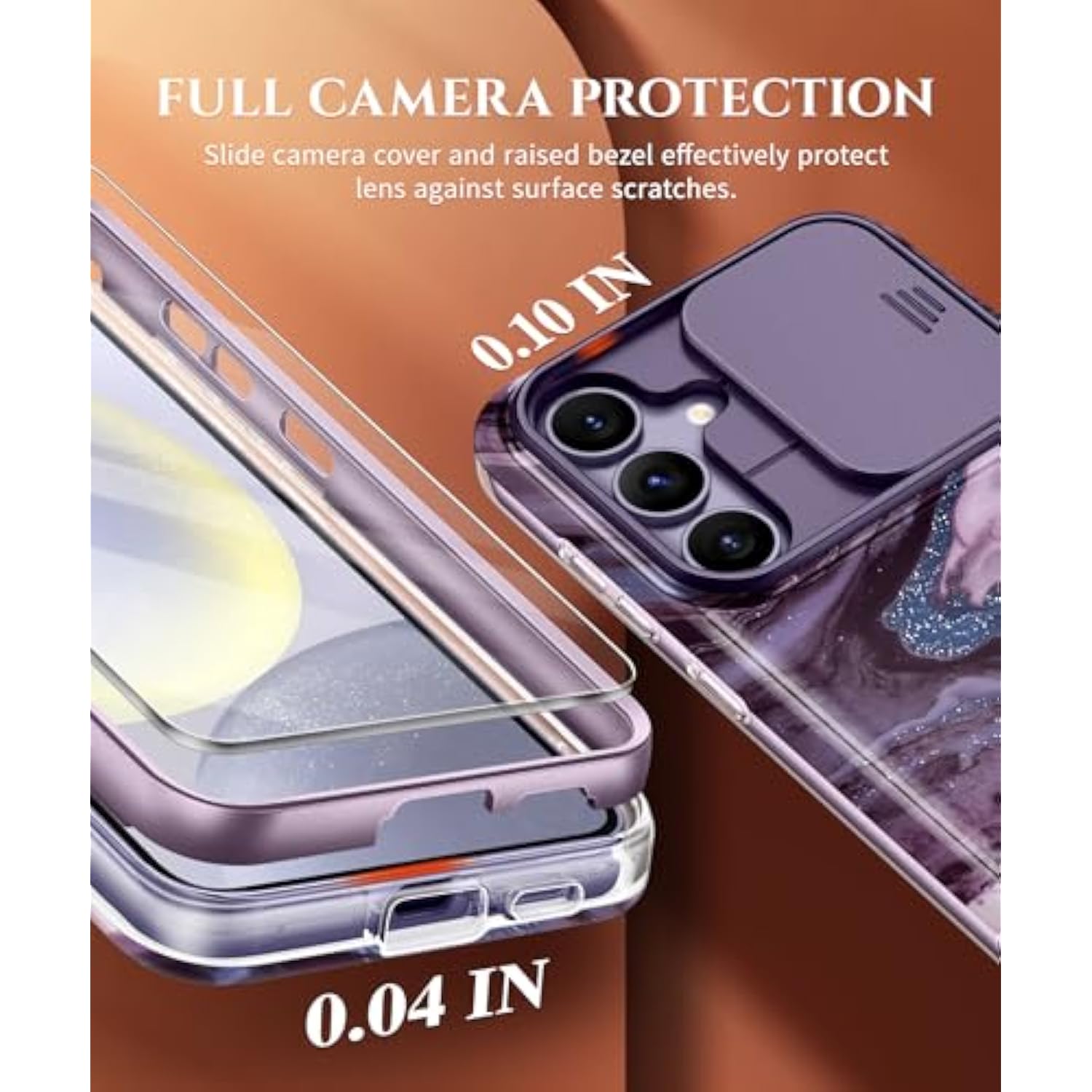 Designed For Samsung Galaxy S24 Plus Case With Slide Camera Cover+Screen Protector,[10Ft Drop Protection]Marble Full Body Shockproof Protective Phone Cover For S24+ Plus 6.7", Quicksand/Purple