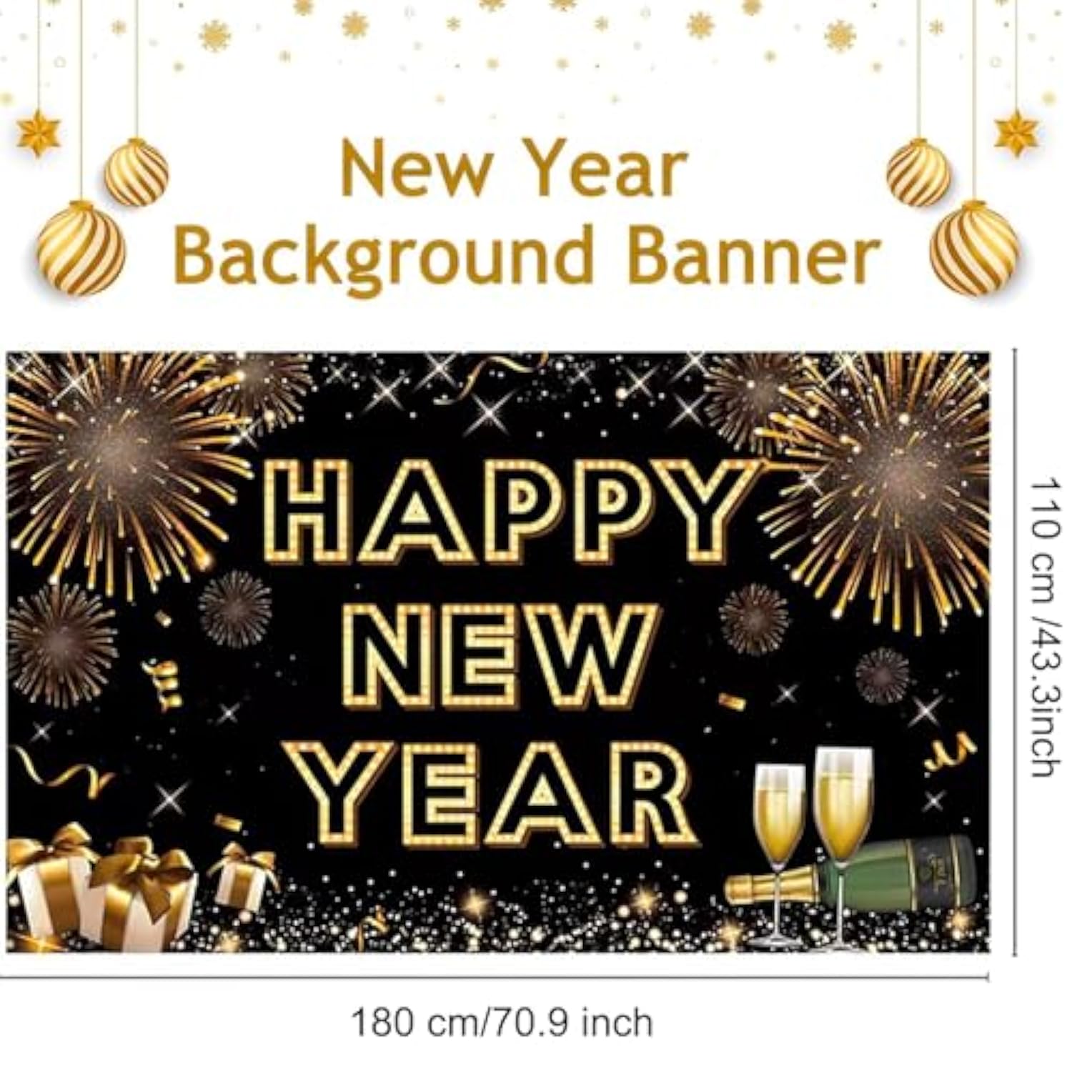 Extra-Large Black & Gold "Happy New Year 2026" Banner NYE Photo Backdrop