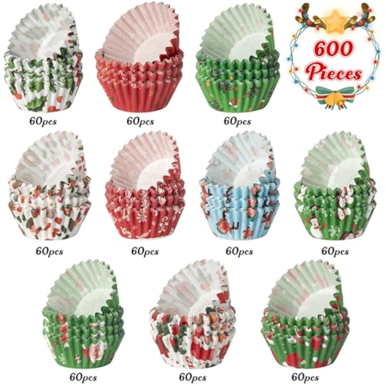600Pcs Christmas Mini Cupcake Paper Liners, Merry Christmas Baking Cups Muffin Case Cupcakes Wrappers, Xmas Tree Santa Claus Snowman Cake Wrap Making Supplies For Xmas Eve Party (10 Styles)