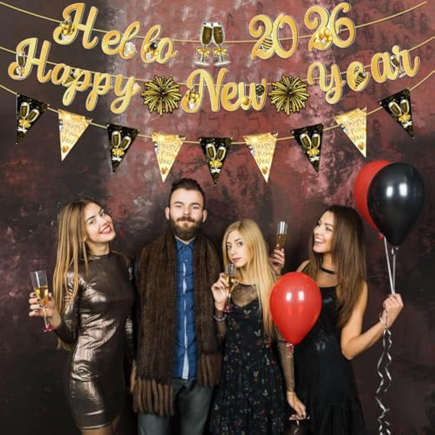 3 Pc 2026 New Year Banner Set Black Gold Selfie Background for Party