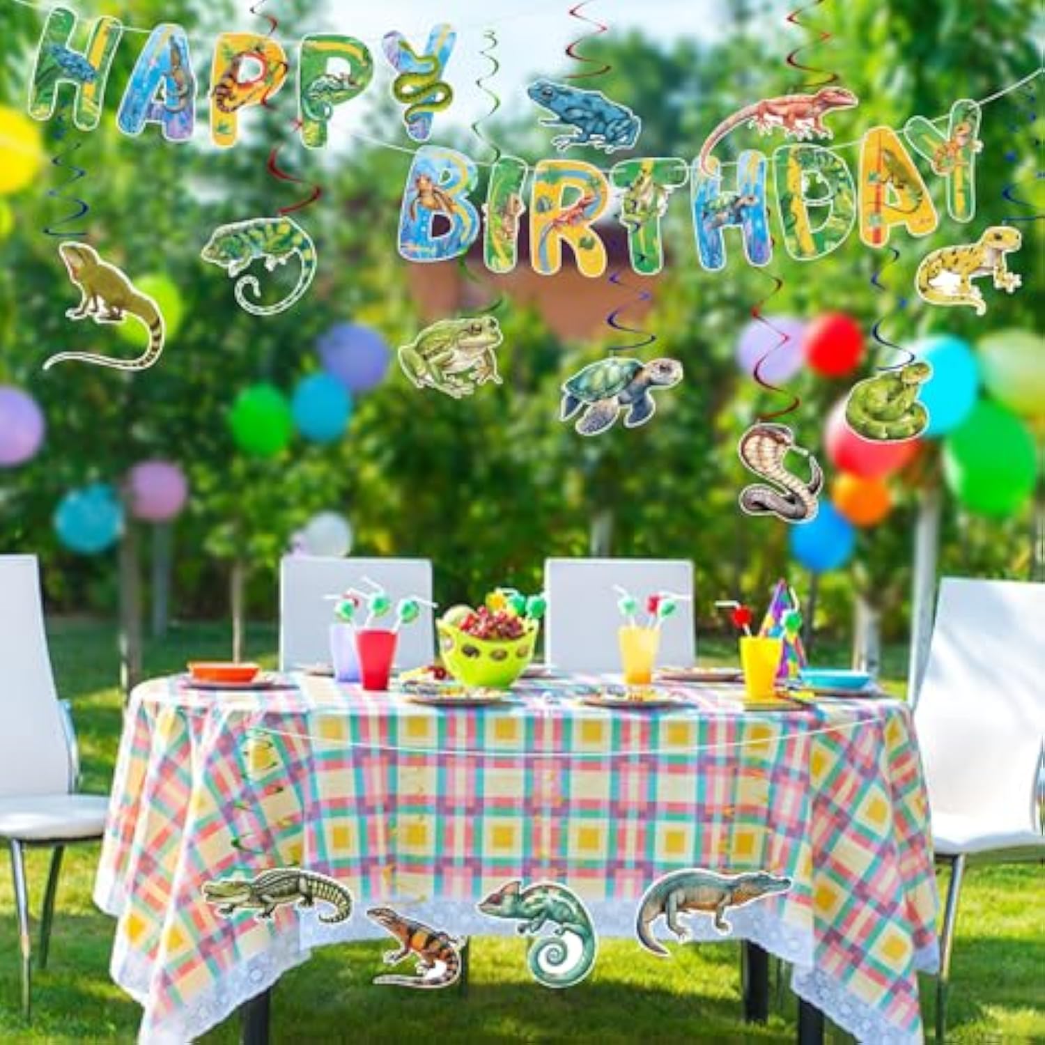 Reptile Birthday Party Decorations Reptile Swamp Happy Birthday Banner And 15 Pcs Hanging Swirls Safari Animals Lizard Snake Alligator Turtle Party Favors Supplies