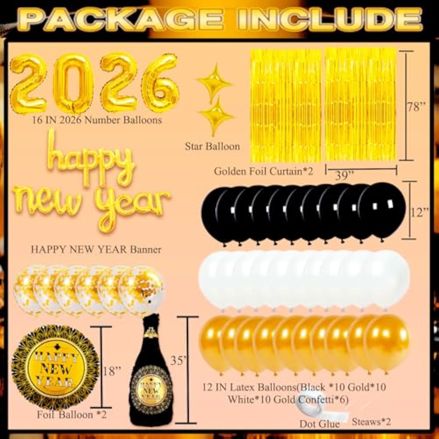 2026 New Year Party Kit with Foil Balloons, Banner, and Fringe Curtains for NYE Decor
