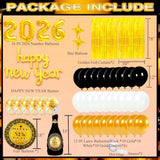 2026 New Year Party Kit with Foil Balloons, Banner, and Fringe Curtains for NYE Decor