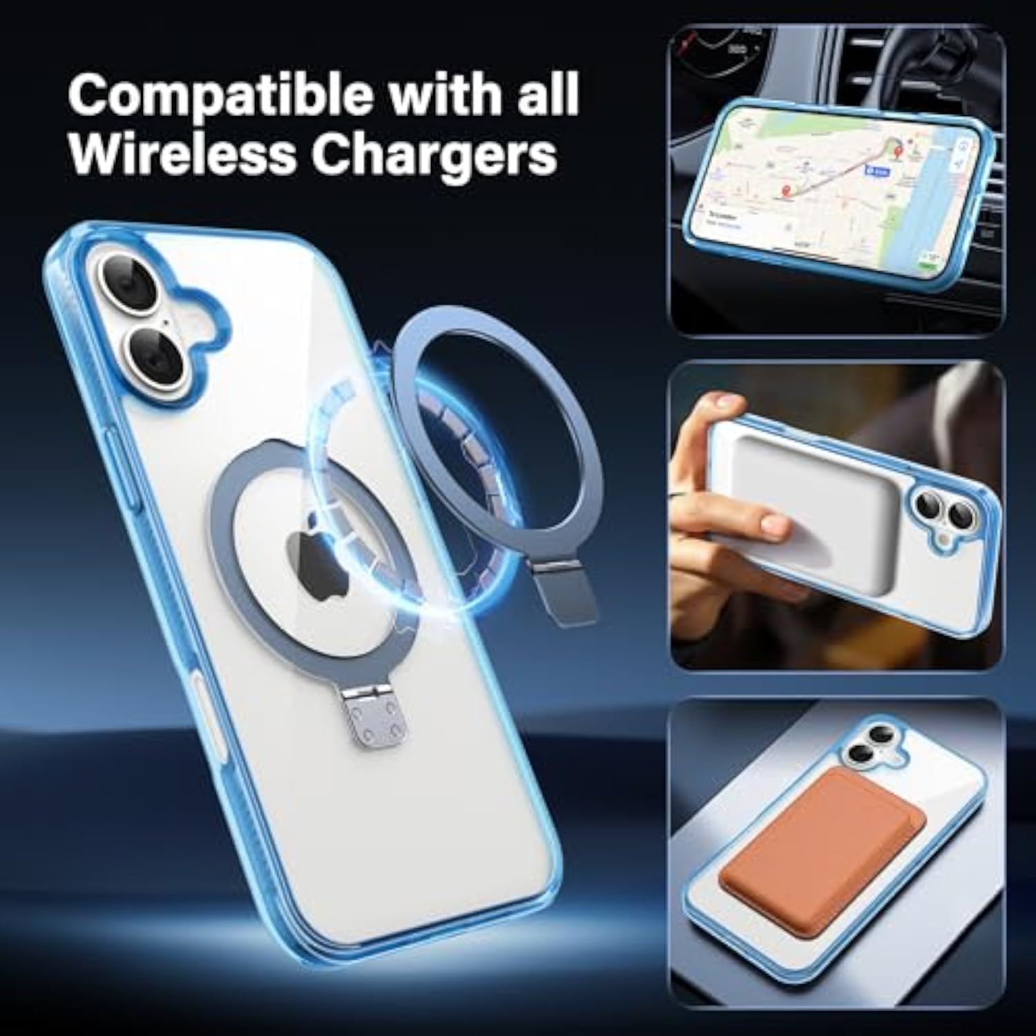Clear Blue Magnetic Case for iPhone 6.1" - Built-in Invisible Stand Compatible with MagSafe Military Grade Drop Protection Anti-Yellowing Hard Back Silicone Edge Cover