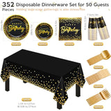 352 Pcs Black And Gold Plates Napkins Cups Tablecloths Forks Knives Spoons Serve 50 Guests Gold Dot Plastic Party Supplies Disposable Party Dinnerware Set For Birthday Wedding Decorations