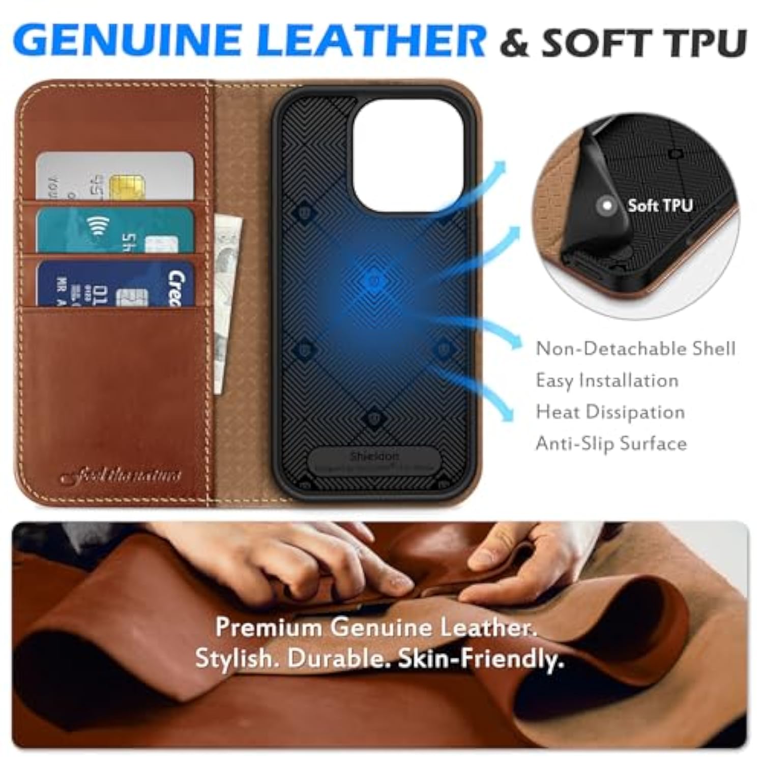 SHIELDON Wallet Case for iPhone 16 Pro 6.3" 2024, Genuine Leather Folio Magnetic Closure RFID Blocking Card Holder Kickstand Full Protection Phone Case Compatible with iPhone 16 Pro - Retro Brown