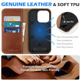 SHIELDON Wallet Case for iPhone 16 Pro 6.3" 2024, Genuine Leather Folio Magnetic Closure RFID Blocking Card Holder Kickstand Full Protection Phone Case Compatible with iPhone 16 Pro - Retro Brown