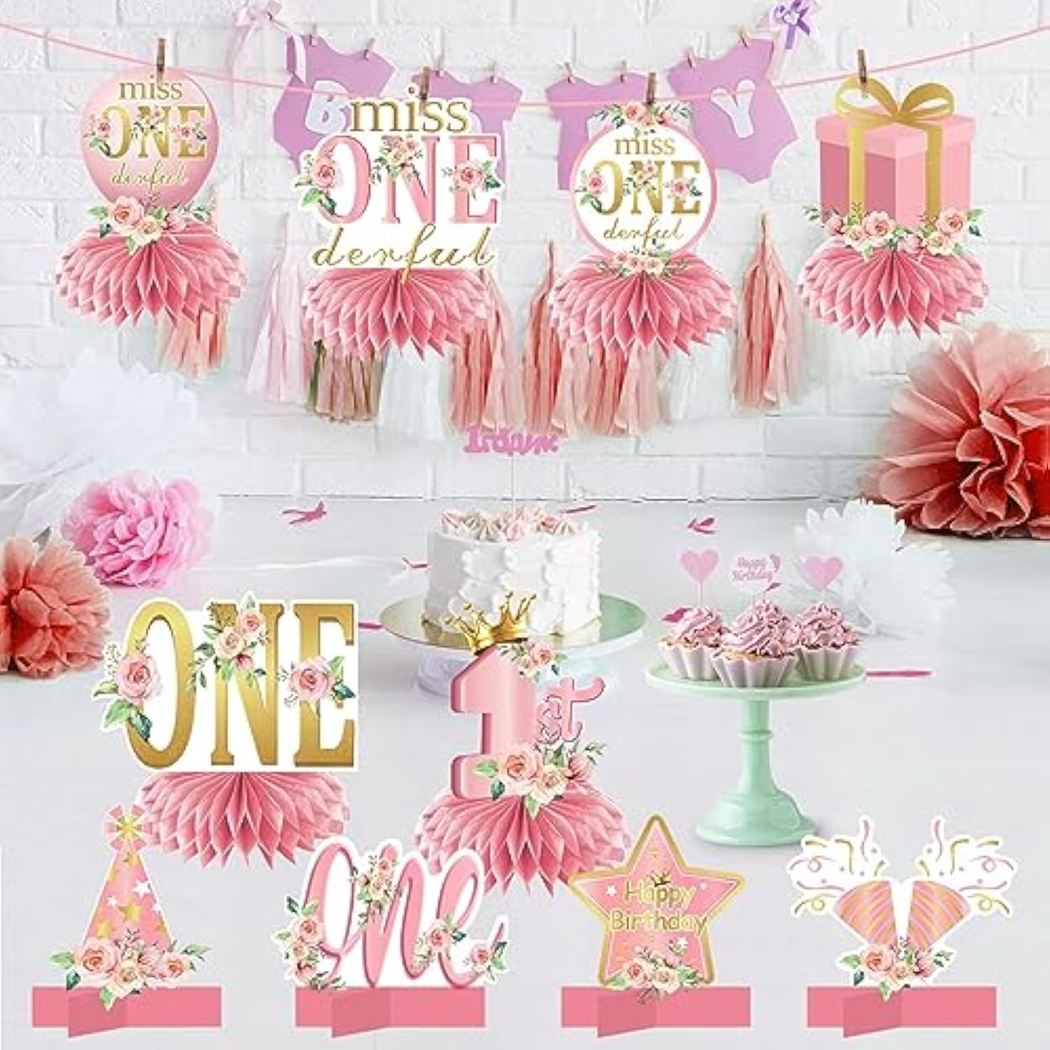 10pcs Miss Onederful Honeycomb Centerpieces for Baby Girl's 1st Birthday Decor
