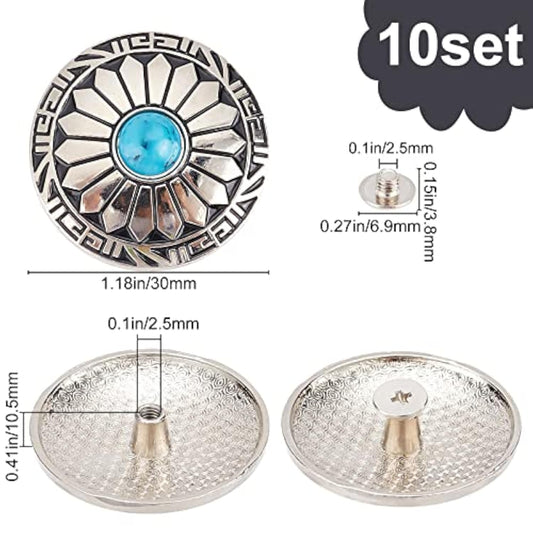 1 Box 10Pcs 30Mm Screw Back Buttons Round Vintage Western Style Blue T