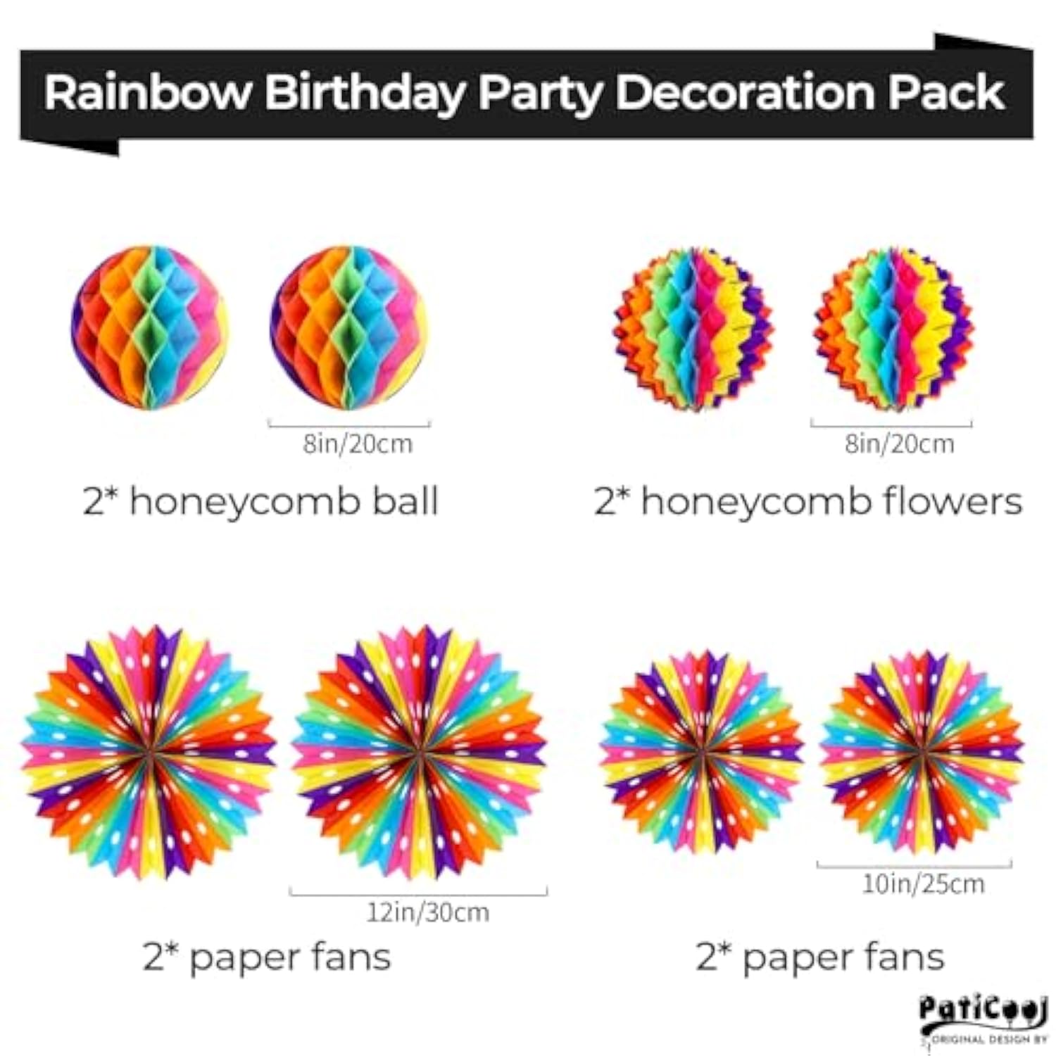Happy Birthday Party Decorations Pack With Rainbow Happy Birthday Banner, Honeycomb Balls, Circle Dot Garland, Paper Bunting Banner, Paper Fans And Hanging Swirls Streamers