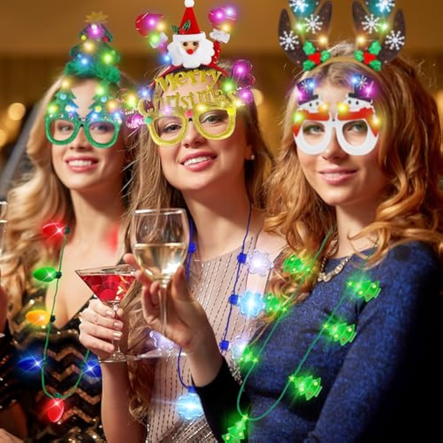 12 Pcs Christmas Party Favors, Light Up Christmas Necklace Headband Glasses Set, Candy Cane Snowflake Tree Bulb Necklace Led Headband Flashing Eyeglasses For Xmas Gifts, Christmas Accessories