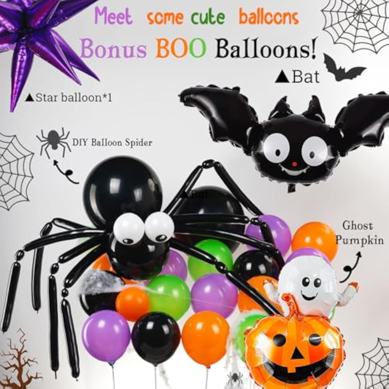 Halloween Balloon Arch Kit: Orange, Black, Purple, Green - Bat, Pumpkin, Spider