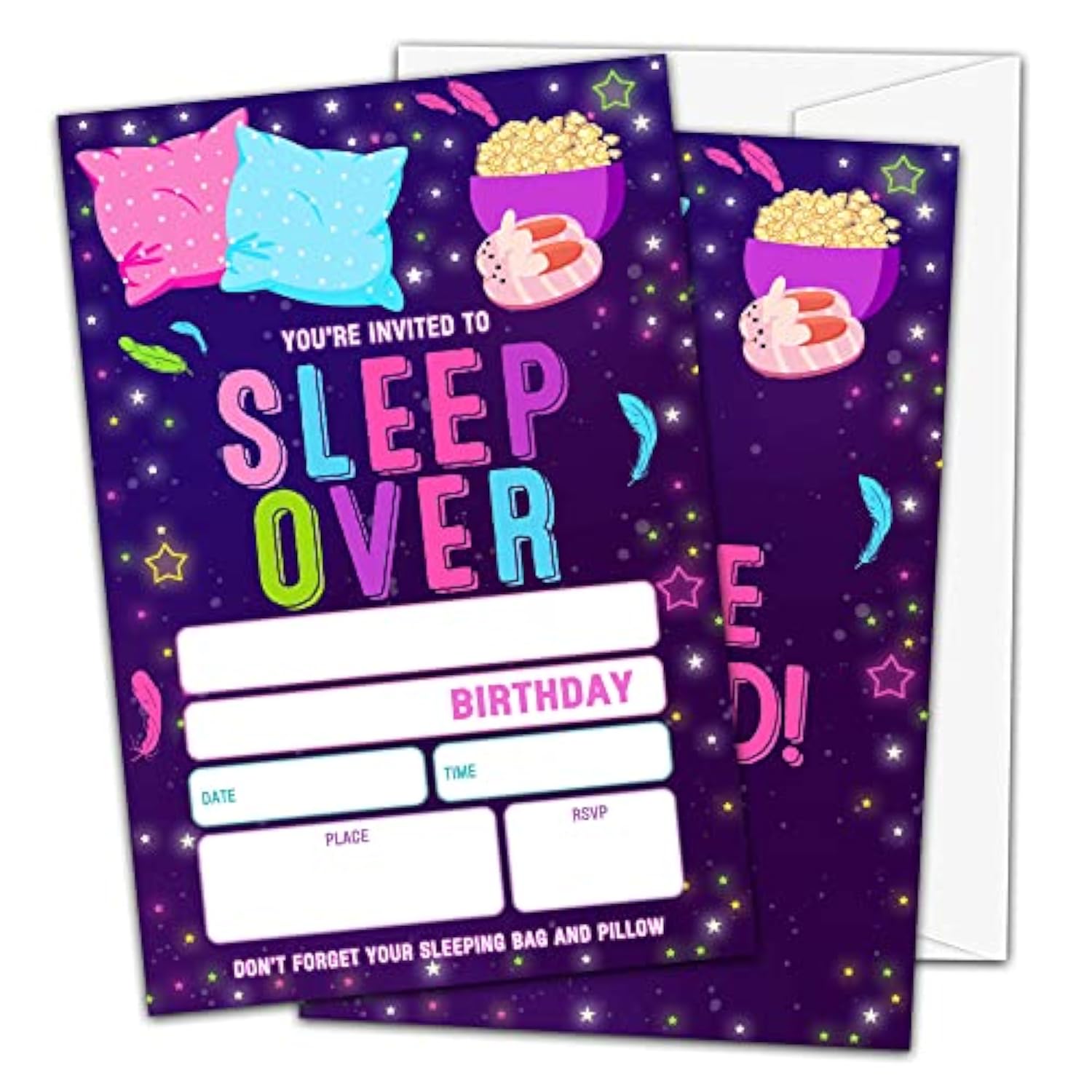 Sleepover Birthday Invitations For Girls Boys Kids, Fill In Party Invites, Decorations, Favors, 20 Invitations With Envelopes (B02)