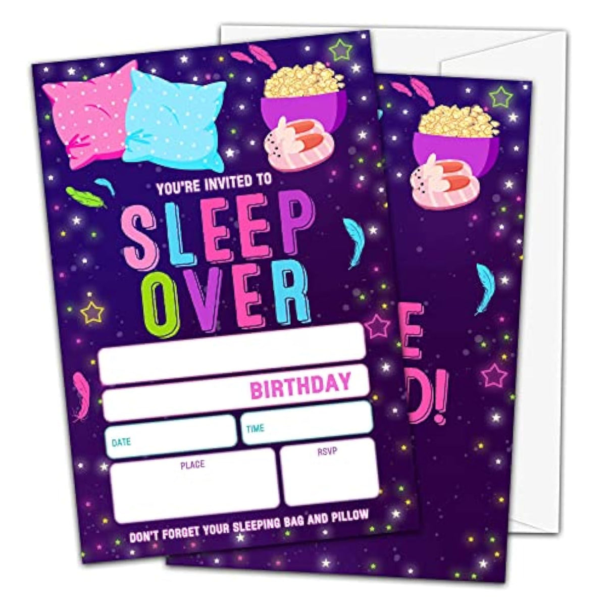 Sleepover Birthday Invitations For Girls Boys Kids, Fill In Party Invites, Decorations, Favors, 20 Invitations With Envelopes (B02)