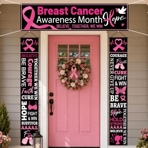 3PCS Breast Cancer Awareness Party Banner Pink Ribbon Fence Porch Sign Banner Hope Strength Courage Faith Black and Pink Door Decorations for Breast Cancer Awareness Event Charity Party Decor