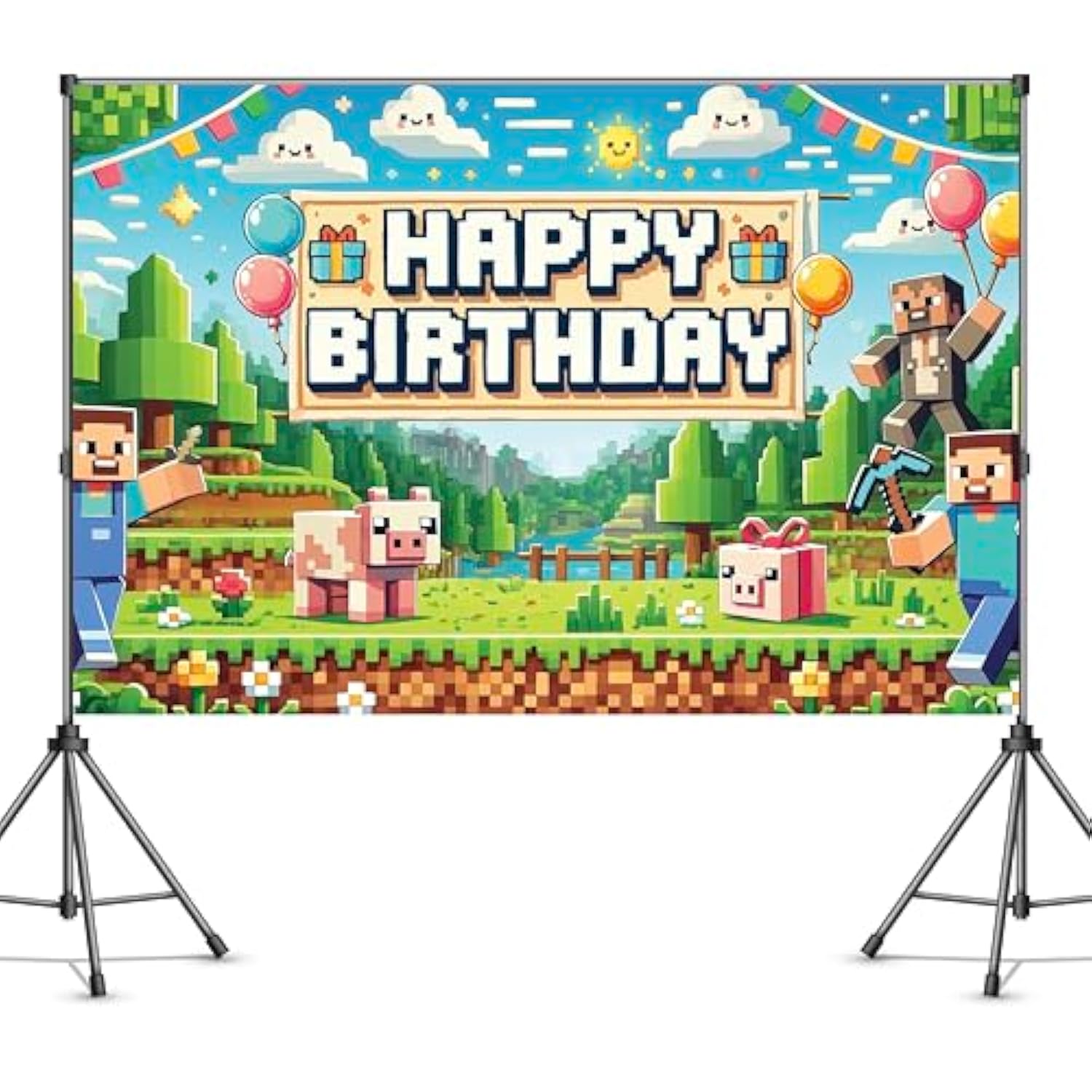 6×4ft Pixel Gamer Birthday Backdrop Video Game Party Banner for Boys