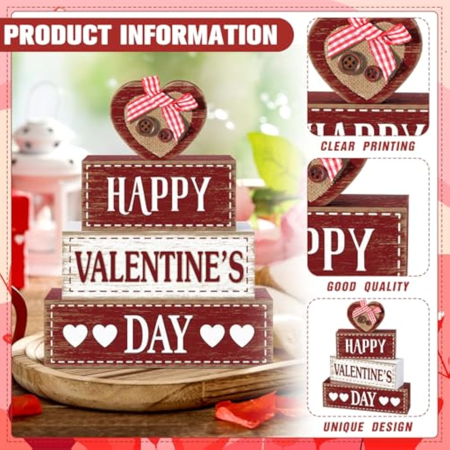 4 Pcs Valentine'S Day Wooden Signs Heart Truck Table Decor Rustic Distressed Valentines Centerpieces Blocks Farmhouse Tiered Tray Decor Valentine Day Decorations For Home Desk Shelf(Heart)