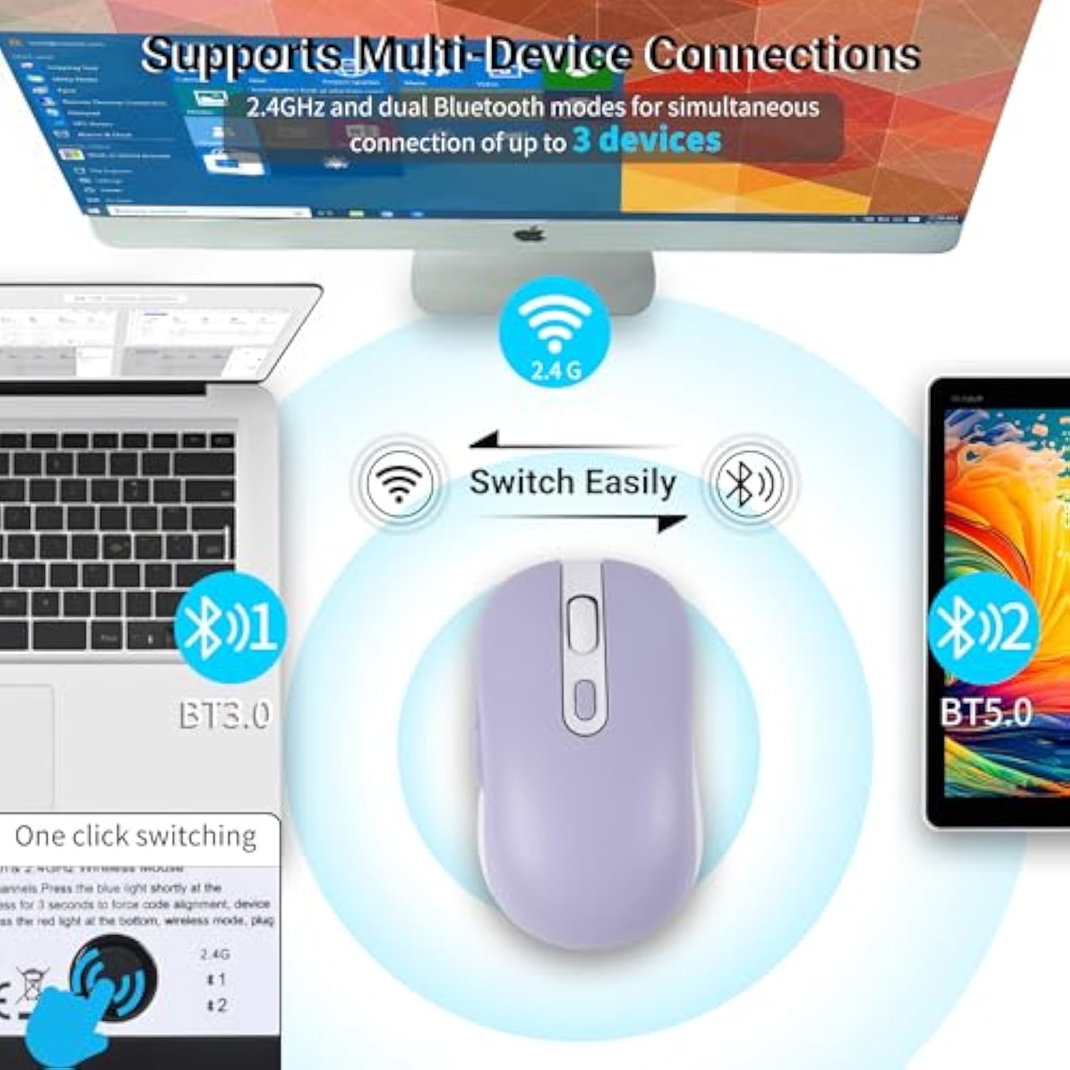 Wireless Mouse Bluetooth & 2.4G Dual Mode Rechargeable Optical Wireless Computer Mice With Usb Receiver, 3 Adjustable Dpi Portable Ergonomic Cordless Bluetooth Mouse For Laptop Pc Ipad Mac Os, Purple