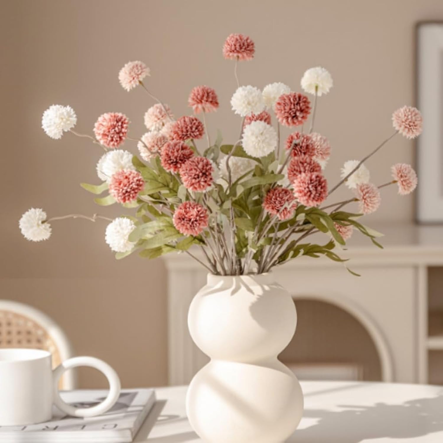 Pompon Mum Artificial Flower, 5Pcs Faux Silk Mini Chrysanth With Stems, Bsimulation Of 5 Autumn Ball Chrysanthemum Dandelion Fake Flowers Wedding Home Diy Decoration (Baking Powder)