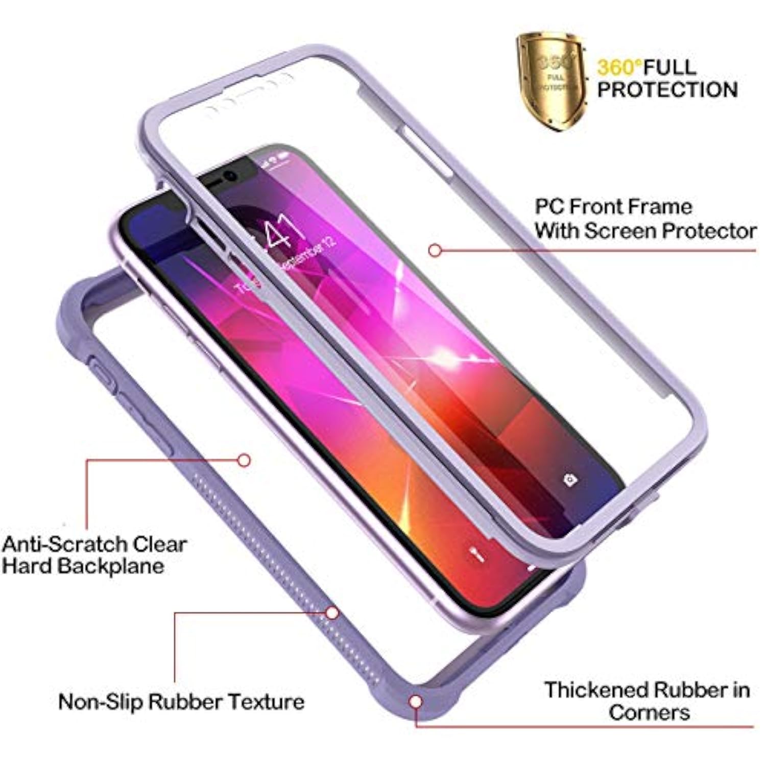 11 Case With Screen Protector Clear Rugged 360 Full Body Protective Shockproof Hard Back Defender Dual Layer Heavy Duty Bumper Cover Case For 11 6.1" - Purple