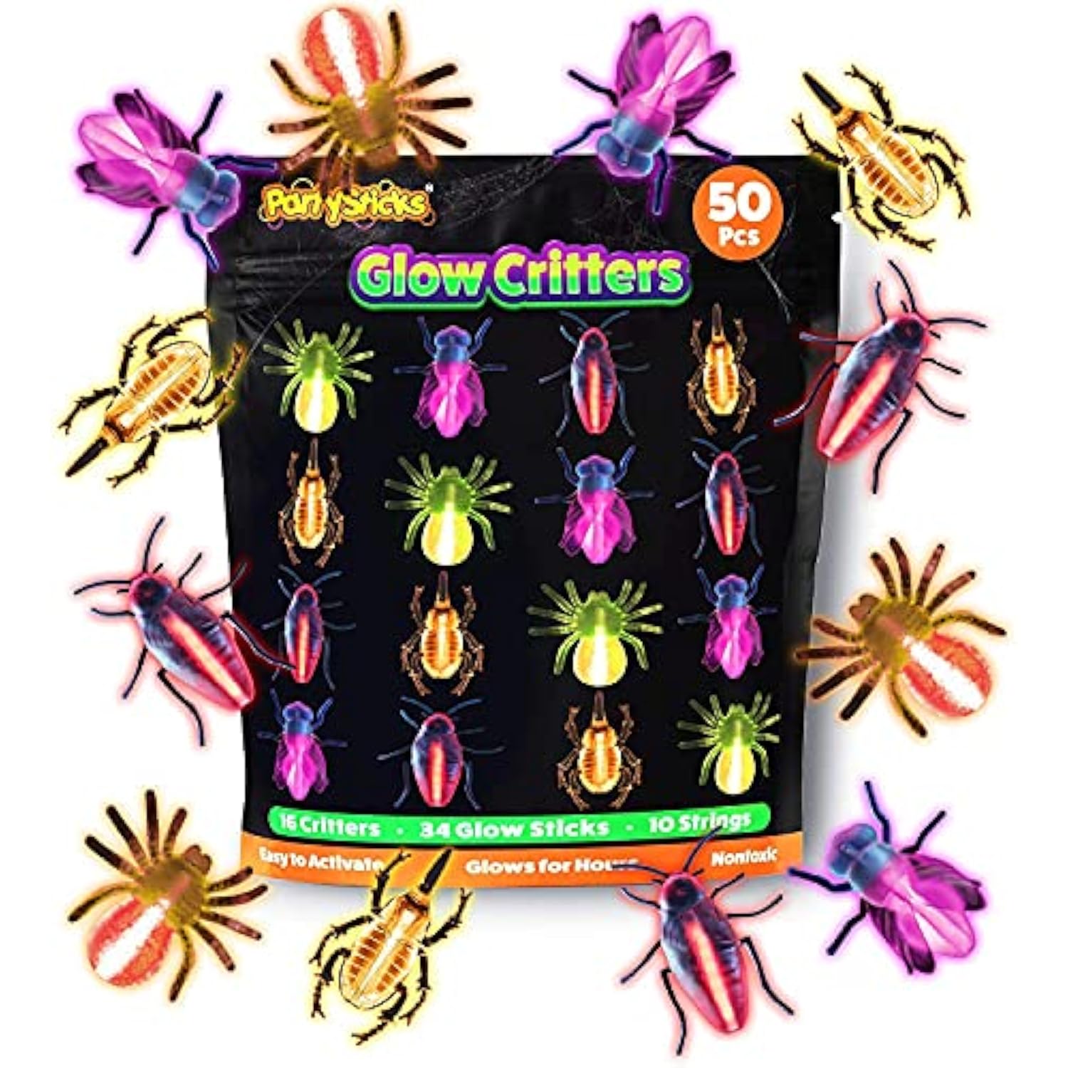 Glow Critters and Halloween Trick or Treat Glow Skeletons and Pumpkins - Glow Sticks Party Favors - Glow in The Dark Party Supplies