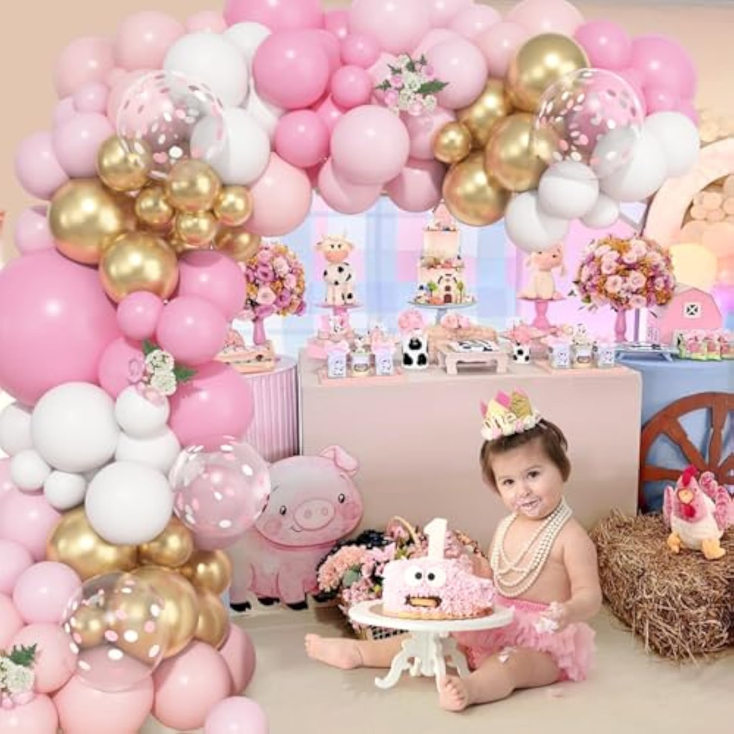157 Pcs Pink And White Balloons Arch Kit, Pink Gold Birthday Decorations For Women Girls, Pastel Pink Chrome Gold Latex Balloon Valentines Day Wedding Party Gender Reveal Anniversary