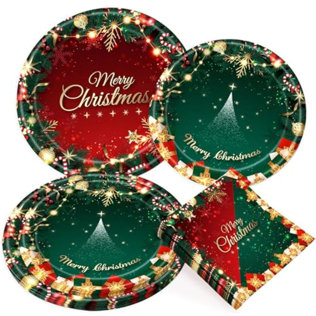 52 Pcs Christmas Party Paper Plates Napkins Merry Christmas Tableware Decorations Red Green Xmas Plates Disposable Napkins Paper Dishes Holiday Party Supplies Serve 16