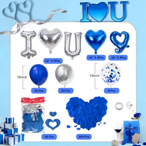 I Love You for Him/Her Balloons Royal Blue and Sliver balloon kit with 24/18in Heart Shaped Foil Balloons and 400pcs Blue Artificial Rose Petals for Valentines Party Romantic Decoration
