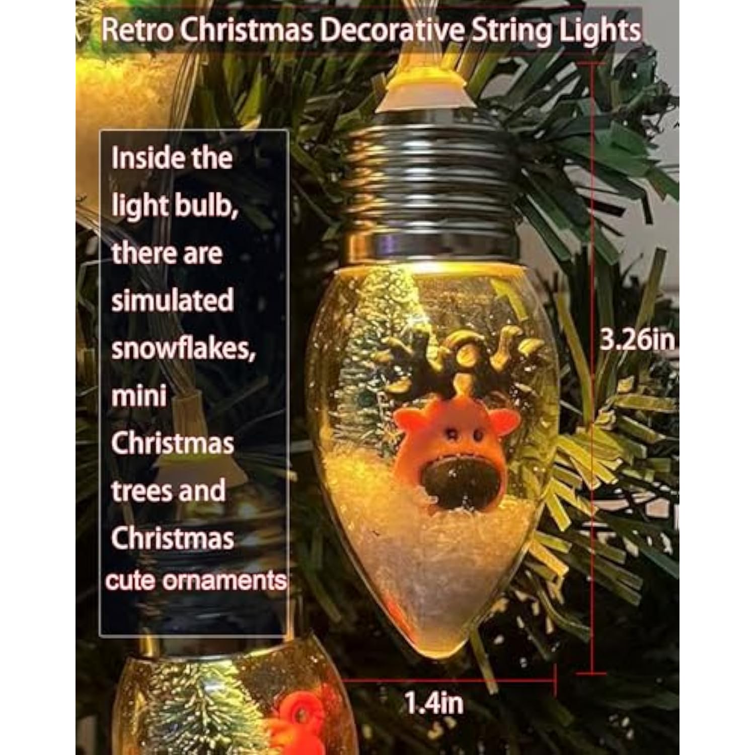 6.8Ft Vintage Christmas Lights-10 Led Snow Globe Bulb Lights With Tree Snow Cute Ornaments, Battery Powered Indoor Chris