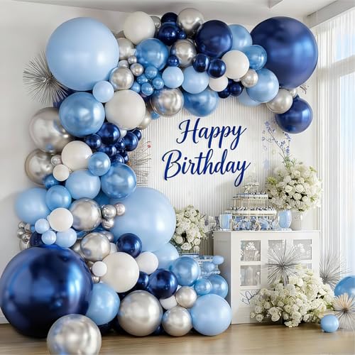 Navy Blue Silver White Balloons Arch Kit 129 Pcs