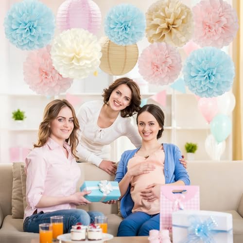 Light-Blue Pink Champagne Gender-Reveal Party-Decorations - 15pcs Boy Or Girl Paper Flowers Tissue Pom Poms Lanterns Streamers,Birthday Bear Baby Shower Neutral Hanging Supplies Decor