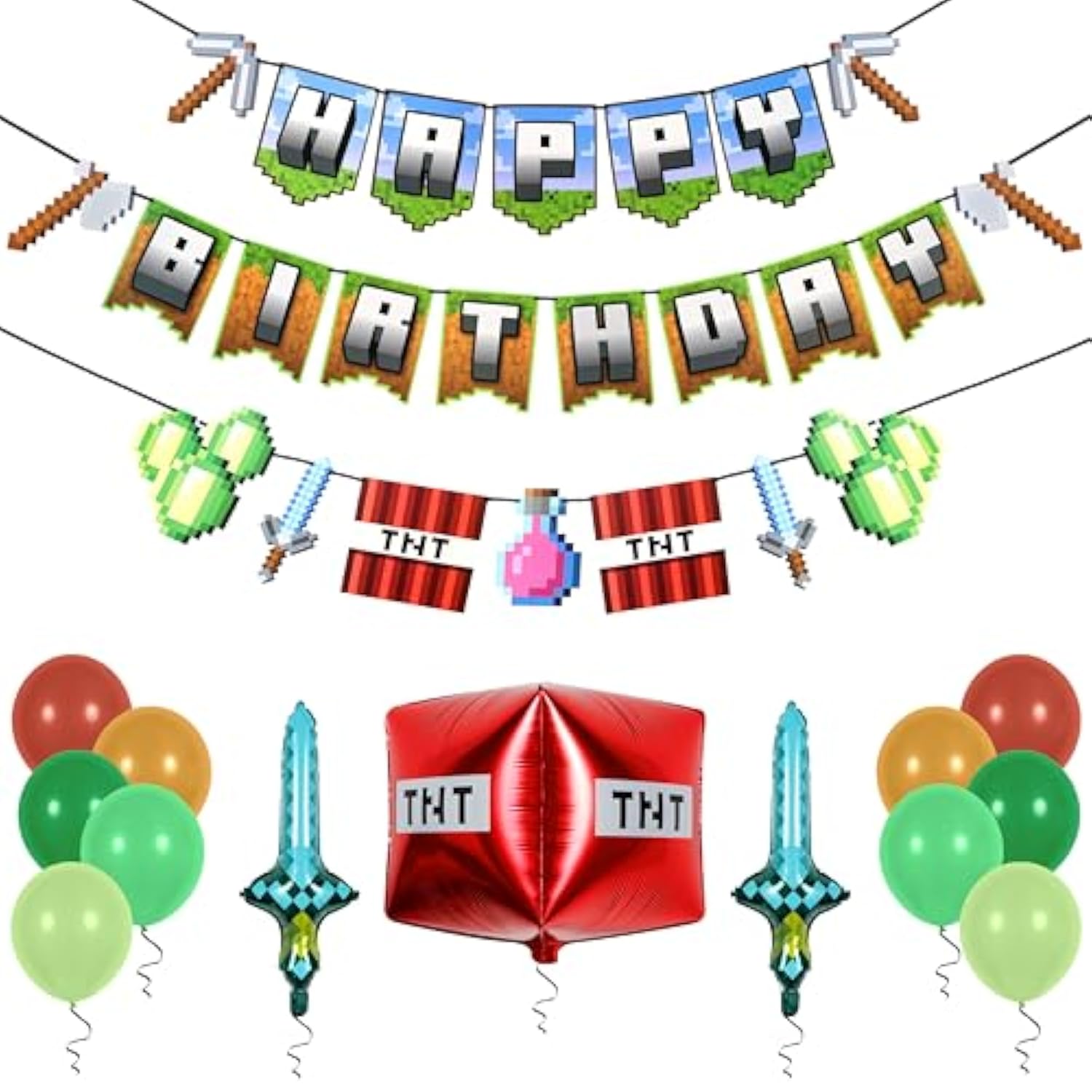 Pixel Gaming Birthday Decorations TNT, Sword Balloons & Party Supplies Kit