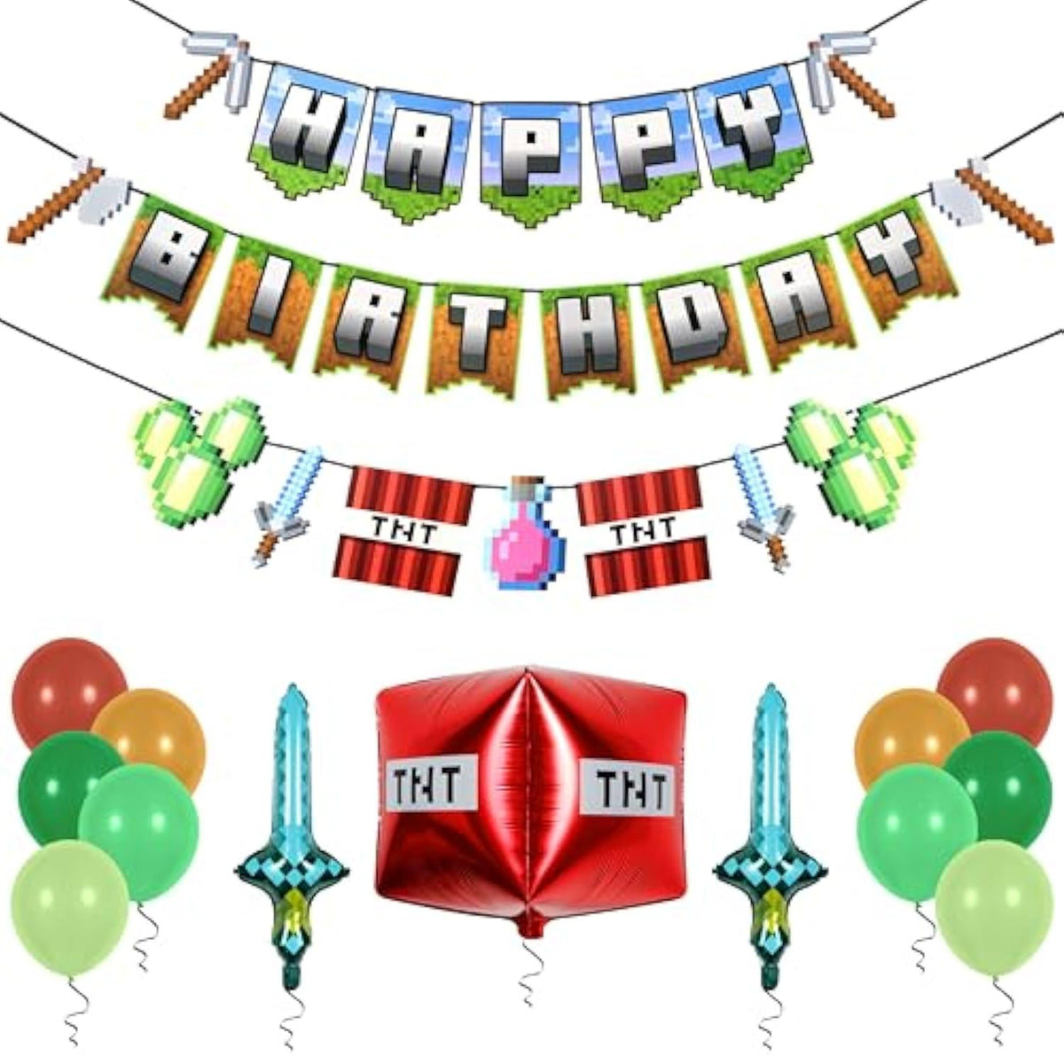 Pixel Gaming Birthday Decorations TNT, Sword Balloons & Party Supplies Kit