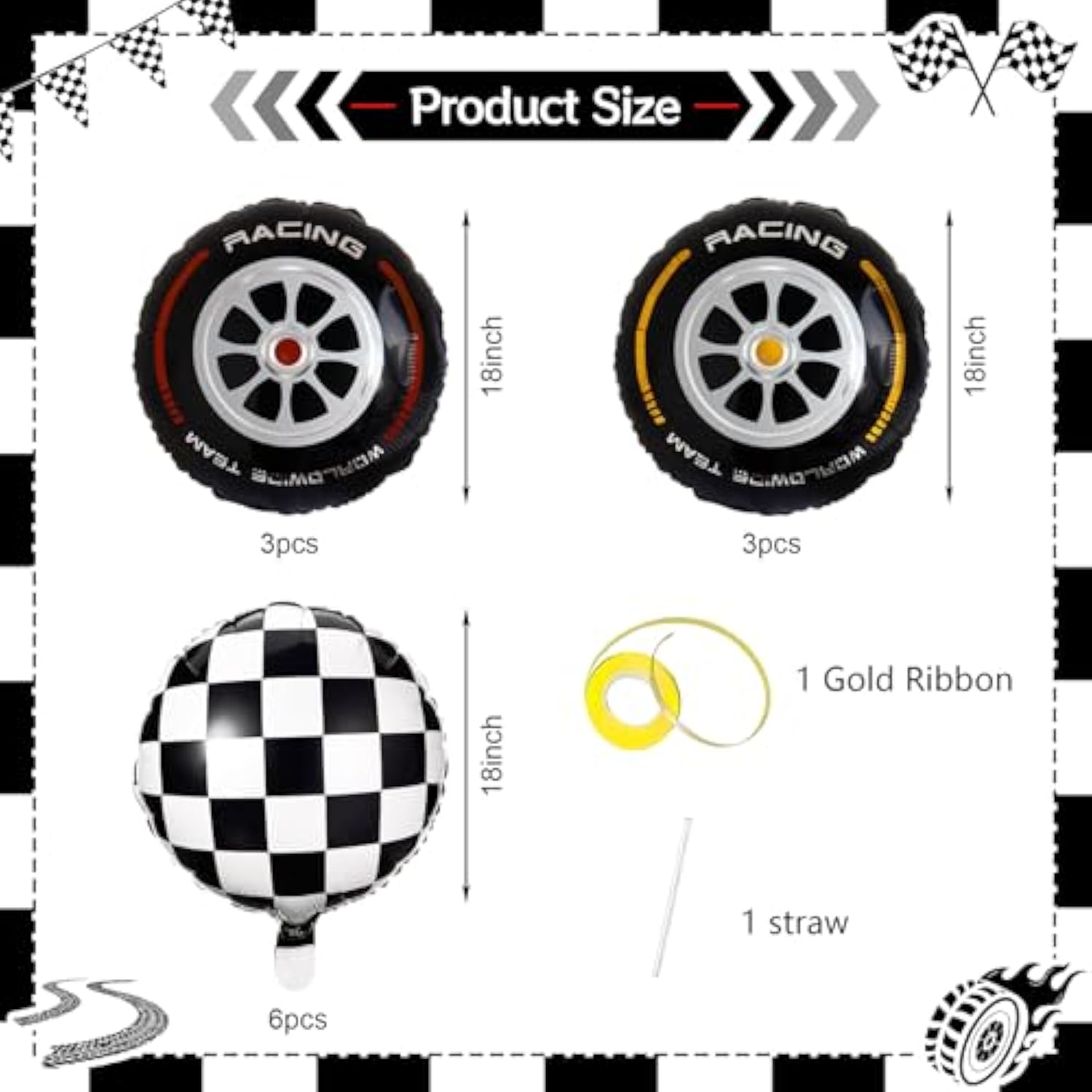 18 Inch Race Car Wheel Balloons, Black And White Checkered Balloons For Birthday Party, Race Car Theme Party, 12 Pcs