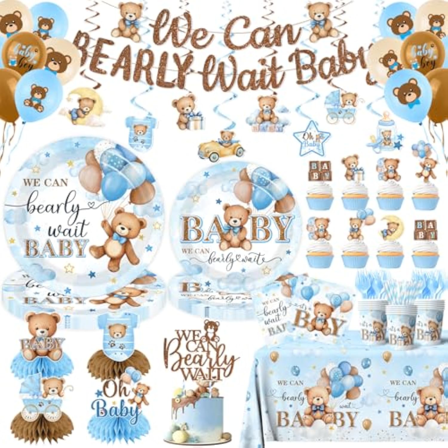 Blue Bear Baby Shower Decorations,219Pcs Baby Shower Tableware Set Banner, Plates And Napkins, Tablecloth, Cake Toppers, Honeycomb Balls For Boy Neutral Bear Themed Party Decorations Severs 24