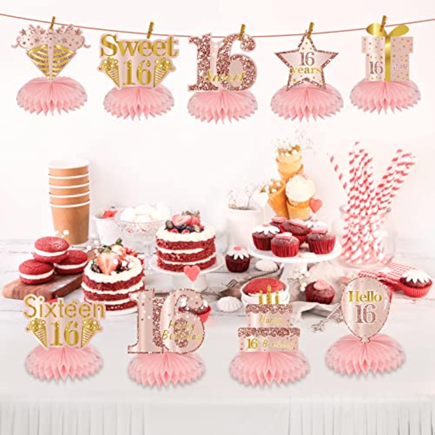 Pink Rose Gold Sweet 16 Honeycomb Table Toppers, 9pcs